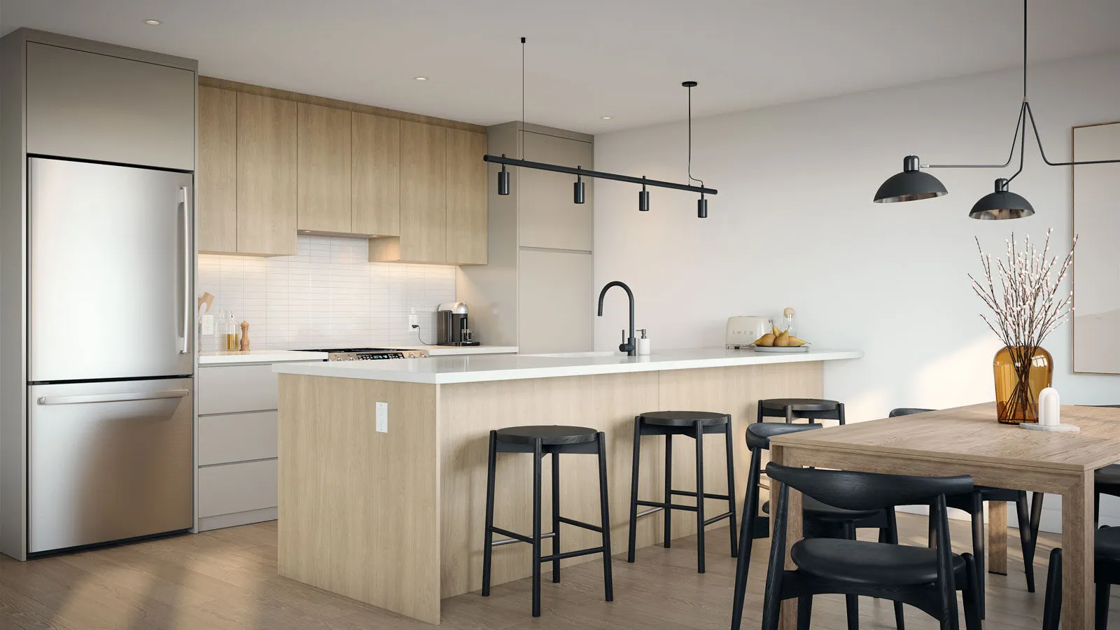 Rendu de la cuisine moderne dans le projet de condo Le Charlemagne, avec un design minimaliste, des finitions haut de gamme, un îlot avec sièges et un éclairage contemporain.