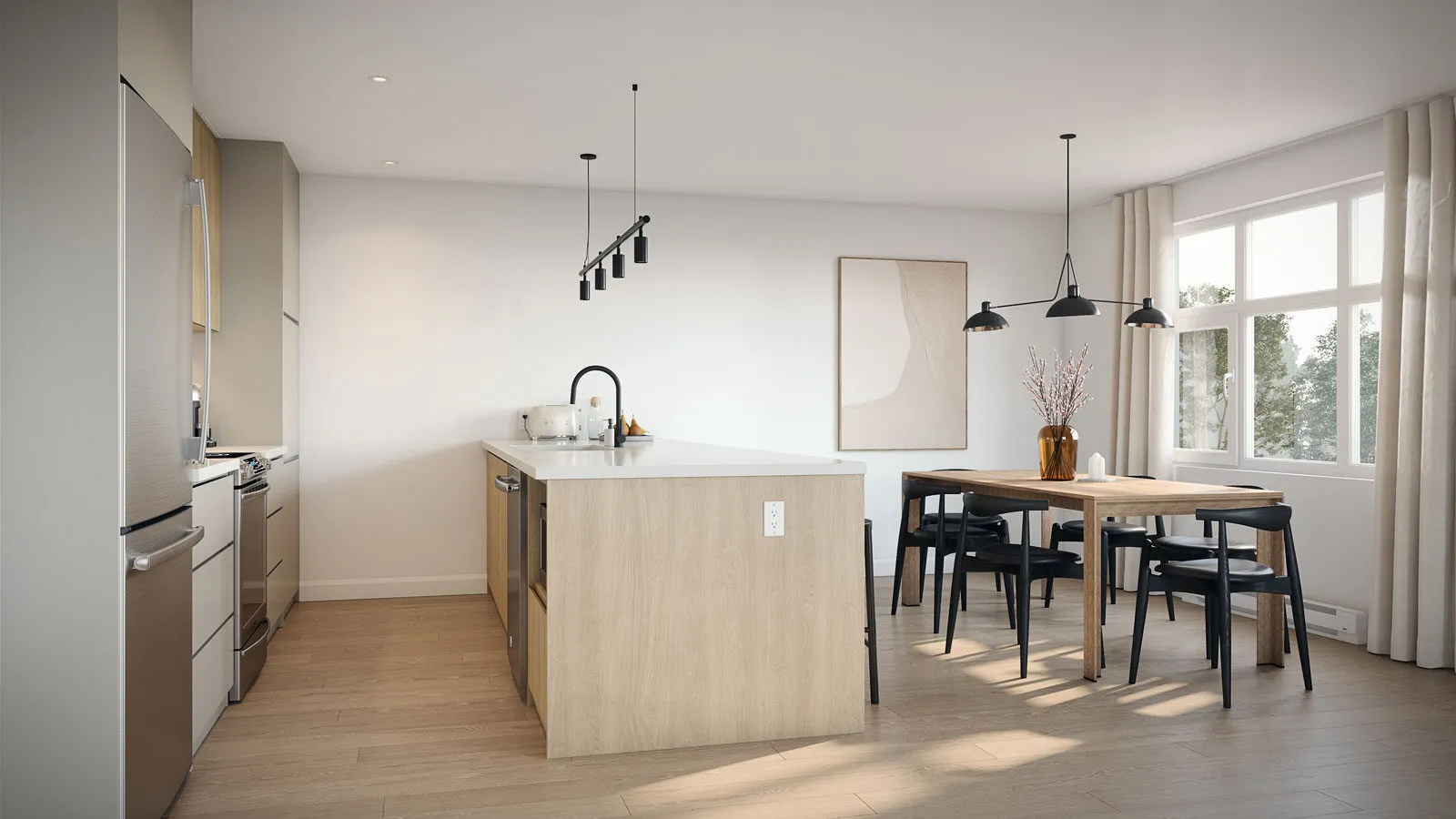 Rendering of the kitchen and dining area in Le Charlemagne condo project, showcasing an open layout with natural light, sleek cabinetry, and modern furniture.