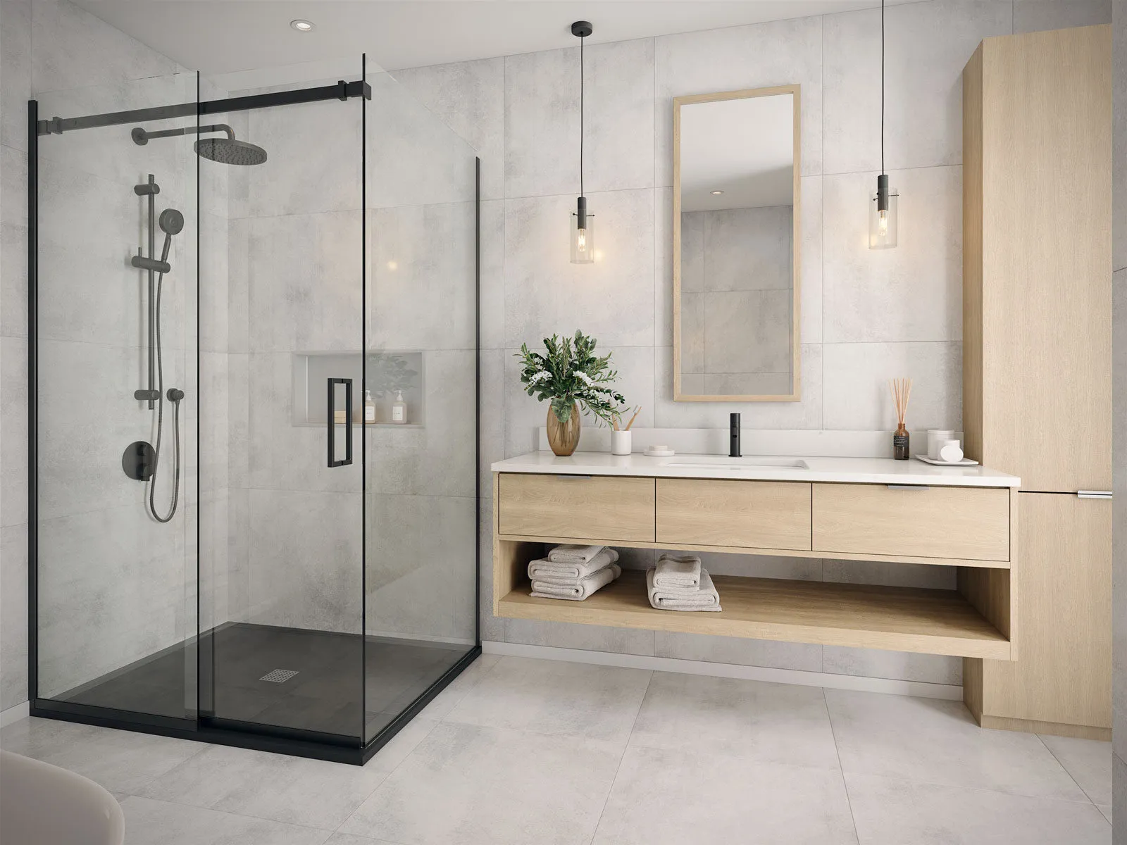 Rendu de la salle de bain dans le projet de condo Le Charlemagne, avec une grande douche à l'italienne, une double vasque et des accessoires élégants dans un design minimaliste.