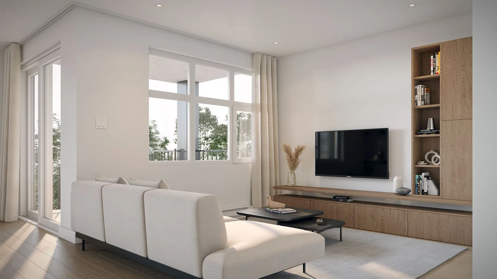 Rendering of the living room in Le Charlemagne condo project, featuring a cozy seating area, large windows, and modern decor with built-in shelving.